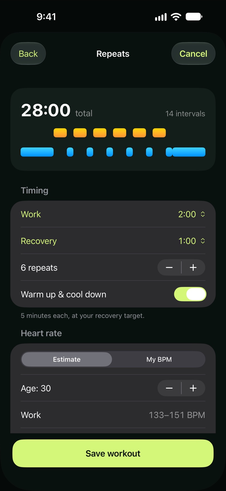 Repeat builder with work and recovery durations, six repeats, and warm-up and cool-down options.