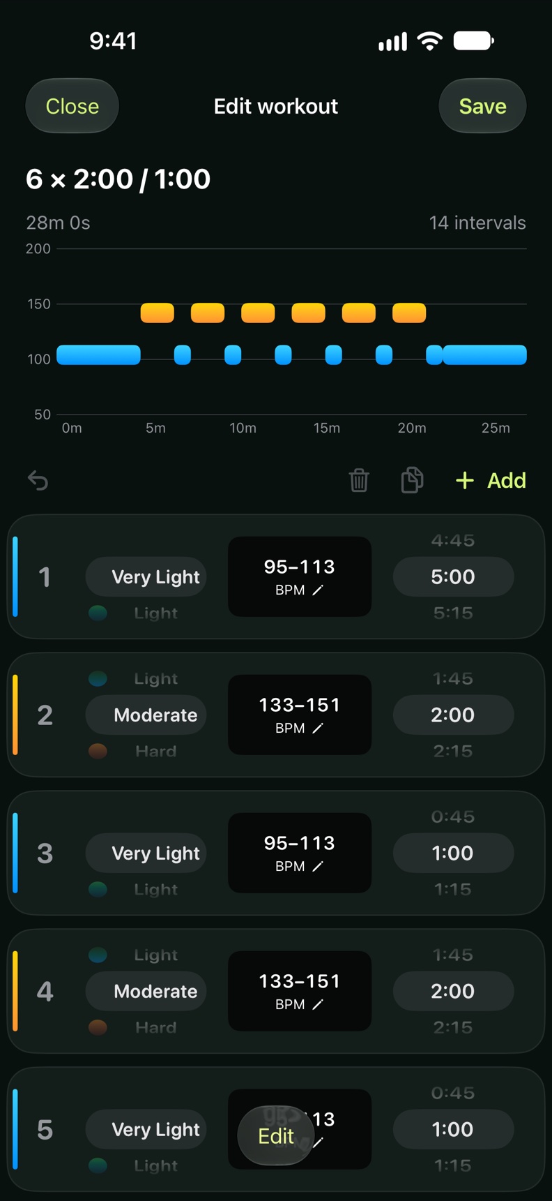 Visual workout editor with editable intervals and heart-rate ranges.